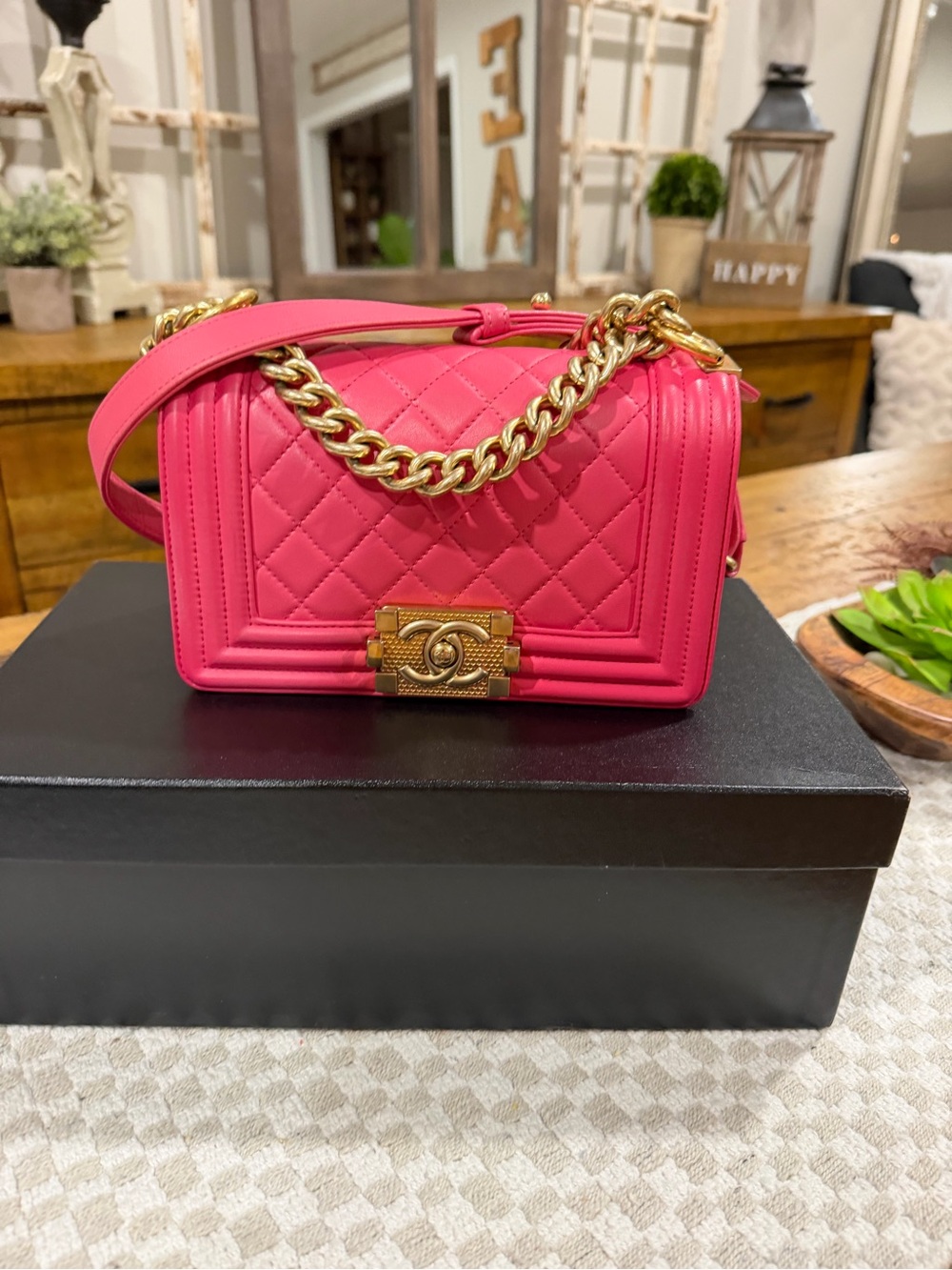 CHANEL Hot Pink Quilted Boy bag Crossbody with Gold Hardware
